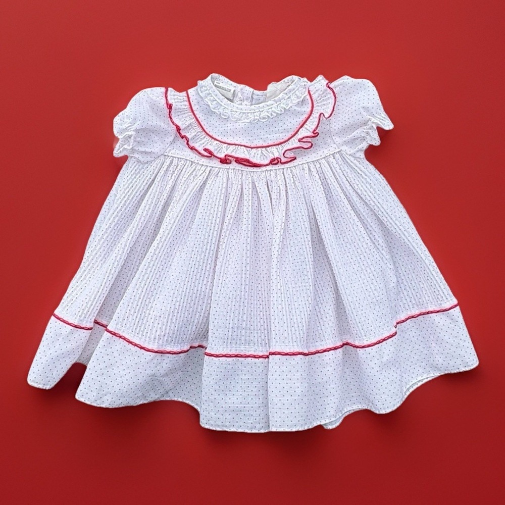 Roanna Togs Vintage 70's 80's Baby Girls polka dots w/red Trim Dress 18 M Retro